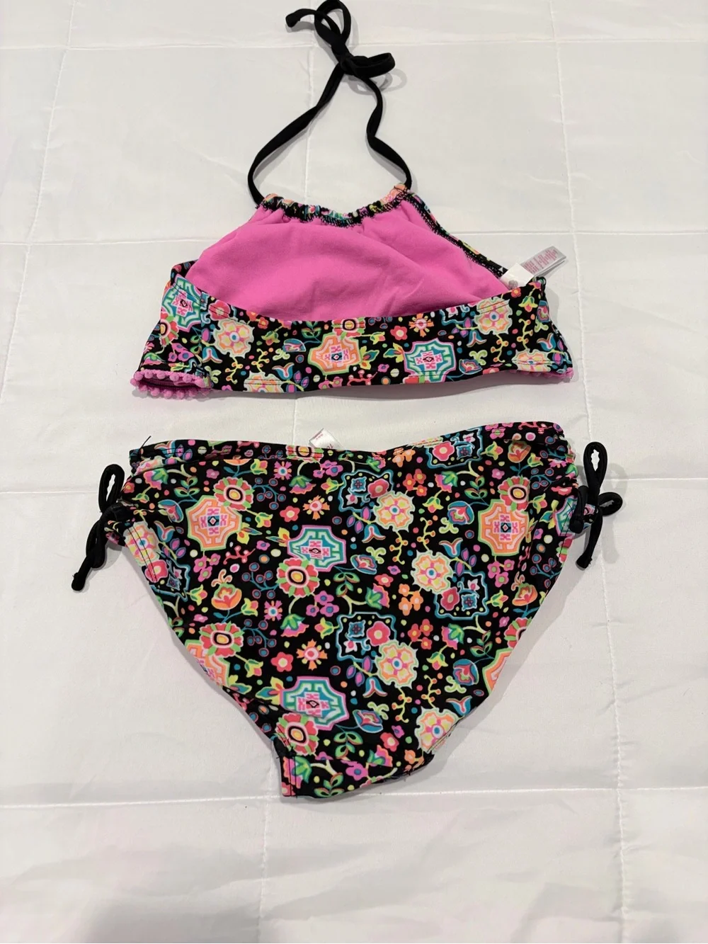 SO Girls Floral Two-Piece Bikini Set - Black with Pink Accent